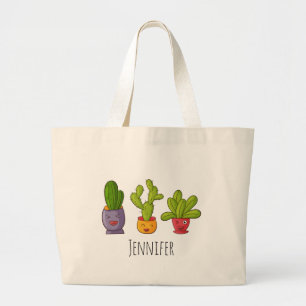 Bolsa Tote Grande Ilustração divertida de três cactus em Potes de