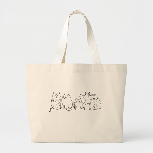 Bolsa Tote Grande Ilustração do desenho de arte de gangue Cat Line (Frente)