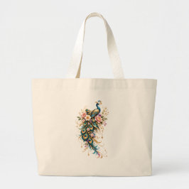 Bolsa Tote Grande Ilustração Floral de Pavão de Luxo Elegante