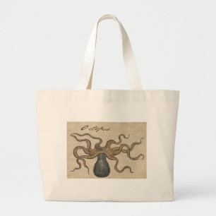 Bolsa Tote Grande Ilustração Octopus Kraken Vintage