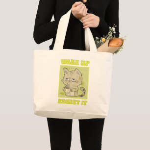 Bolsa Tote Grande Ilustração Vintage da Gata Mal-Humorada Acorda e S