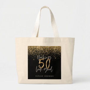 Bolsa Tote Grande Imagem moderna de 50º aniversário de brilho dourad