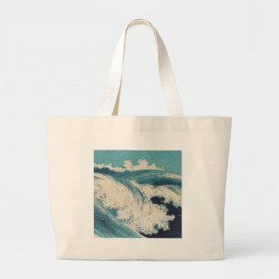 Bolsa Tote Grande Impressão Antiga de Ondas do Oceano Azul em Xilogr