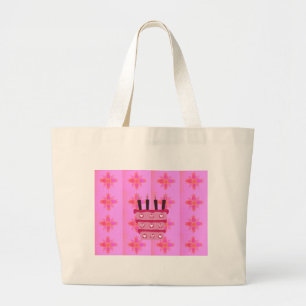 Bolsa Tote Grande Impressão de Arte de Bolo de Aniversário Rosa