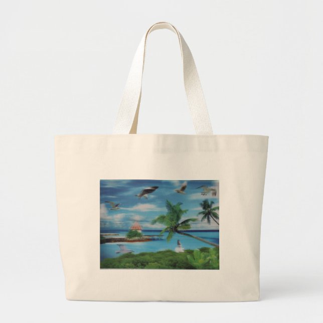 Bolsa Tote Grande Impressão de Arte de Cena de Praia Tropical (Frente)