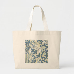 Bolsa Tote Grande Impressão de Flores Azuis Florais de Arte Japones