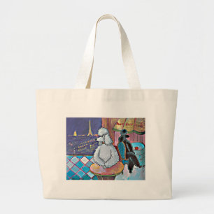 Bolsa Tote Grande Impressionista Art Poodles Paris Café Tote Bag