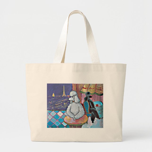 Bolsa Tote Grande Impressionista Art Poodles Paris Café Tote Bag (Frente)