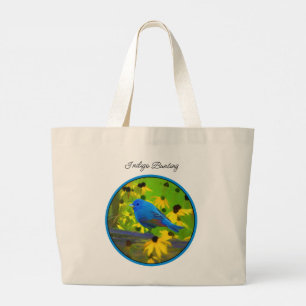Bolsa Tote Grande Indigo Bunting em pintura de cerca Arte de pássaro