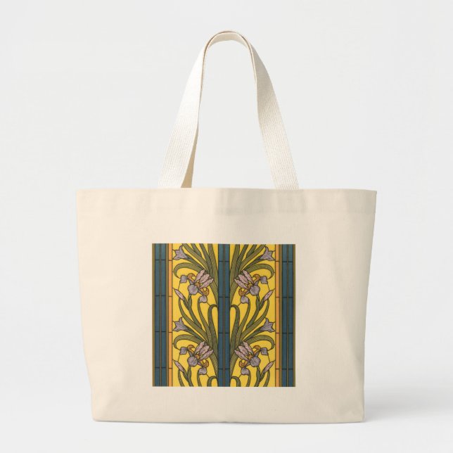 Bolsa Tote Grande Iris Flower Art Nouveau Vidro Estampado Azul Doura (Frente)