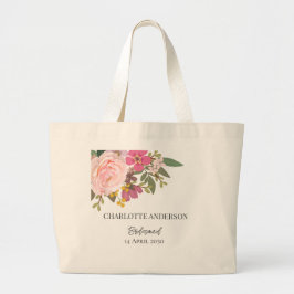 Bolsa Tote Grande Jardim Floral Rosa Primavera Damas de Honra Nome
