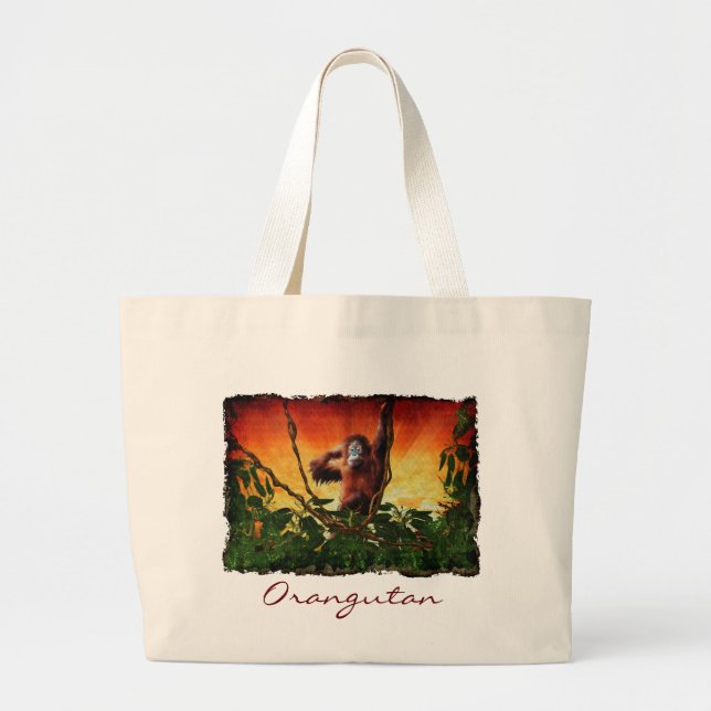 Bolsa Tote Grande Jovem Orangutan & Jungle Sunrise Selvagem Tote Bag (Frente)