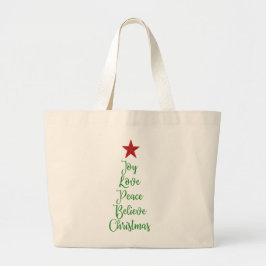 Bolsa Tote Grande Joy Love Peace Acredite na árvore de Natal com ver