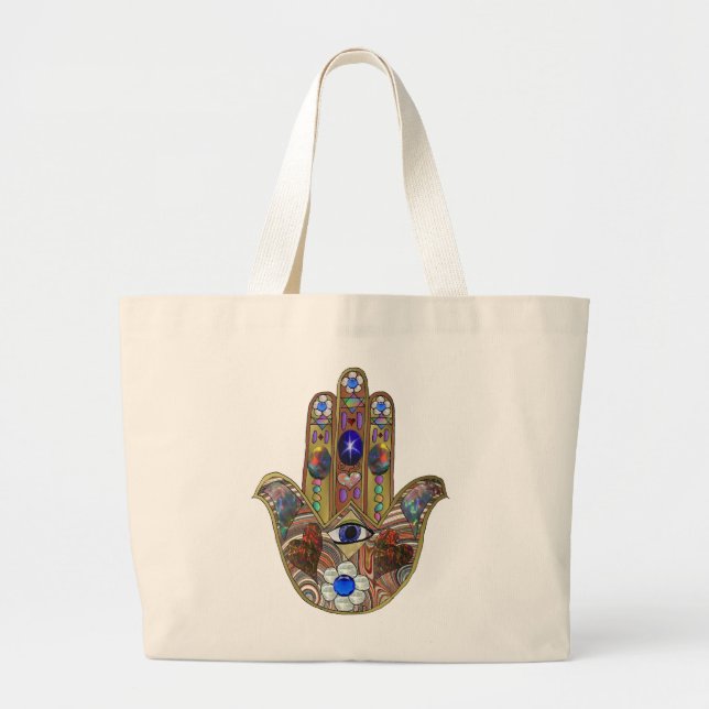 Bolsa Tote Grande Judaica Hamsa Hearts Flowers Opal Art Impressão (Frente)