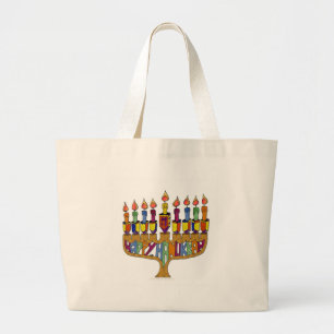 Bolsa Tote Grande Judaica Happy Hanukkah Dreidel Menorah