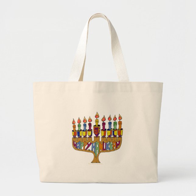 Bolsa Tote Grande Judaica Happy Hanukkah Dreidel Menorah (Frente)