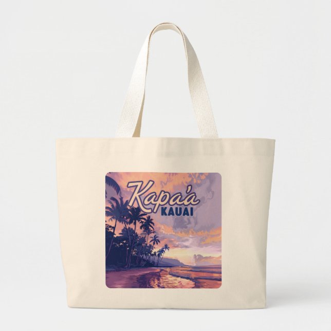 Bolsa Tote Grande Kapaa Kauai Hawaii Beach Sunset Palm Tree Retro (Frente)