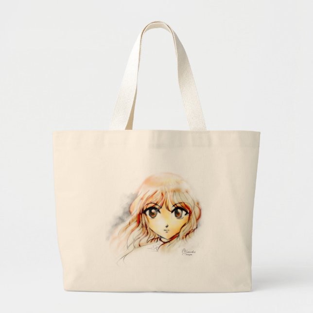 Bolsa Tote Grande Kawaii grande dos olhos do esboço da menina do (Frente)