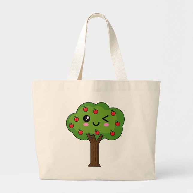Bolsa Tote Grande Kawaii Happy Winking Apple Tree (Frente)