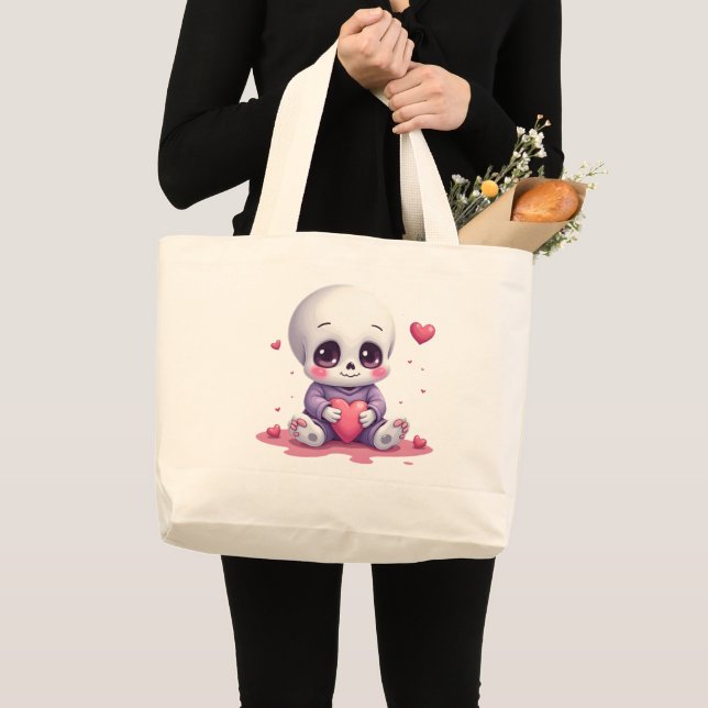 Bolsa Tote Grande Kawaii Skeleton Holding Heart (Frente (produto))