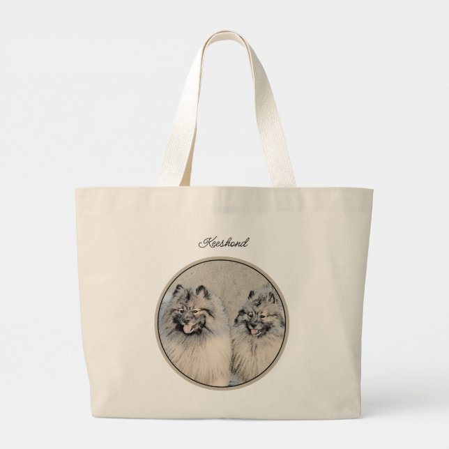 Bolsa Tote Grande Keeshond Painting 2 Keeshonden Original Dog Art (Verso)