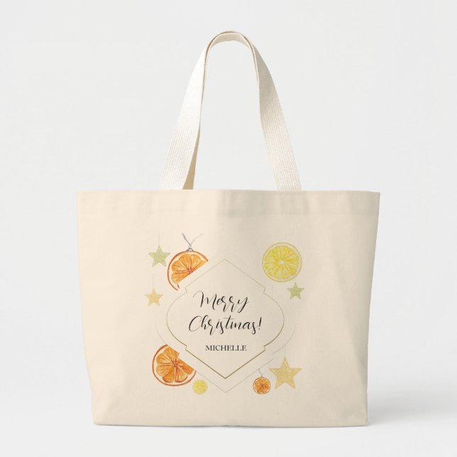 Bolsa Tote Grande Laranjas Fofas e Estrelas em Bege (Frente)