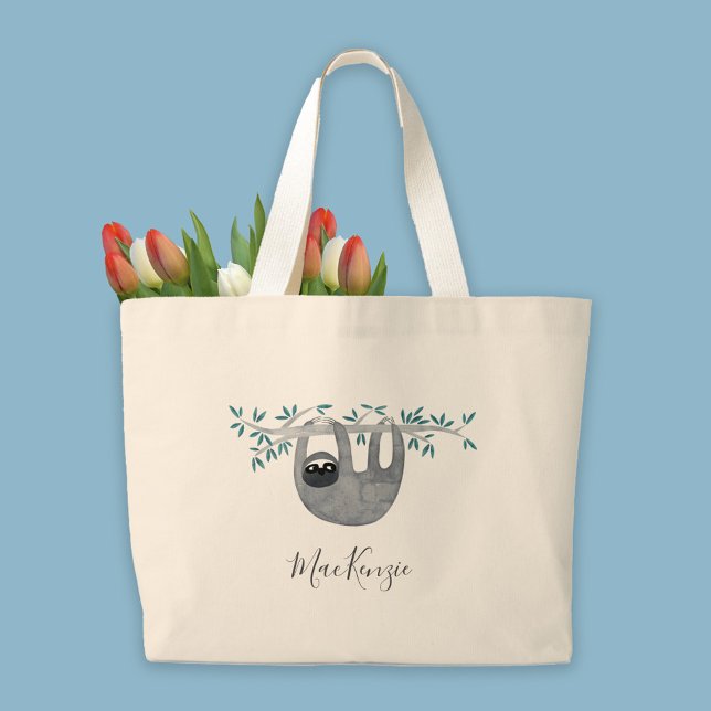 Bolsa Tote Grande Largura de Boca Personalizada (Watercolor cute sloth with modern script name personalized large tote bag)