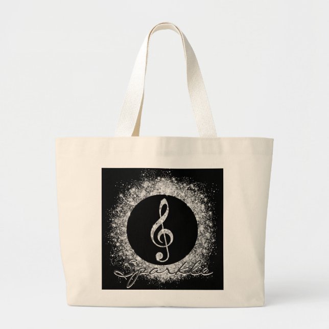 Bolsa Tote Grande Legal Trendência Música Treble Clef Glitter Sparkl (Frente)