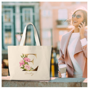 Bolsa Tote Grande Letra E Dourada Flores Rosa Monograma