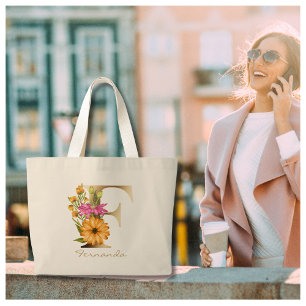 Bolsa Tote Grande Letra F Elegante Monograma Dourado Floral