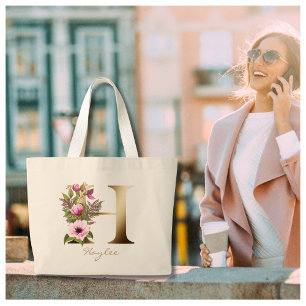 Bolsa Tote Grande Letra H Elegante Monograma Dourado Floral 