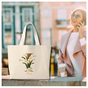 Bolsa Tote Grande Letra I Elegante Monograma Dourado Floral