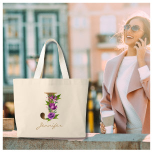 Bolsa Tote Grande Letra J Elegante Monograma Dourado Floral