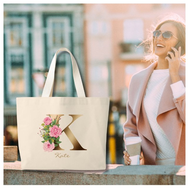 Bolsa Tote Grande Letra K Elegante Dourada Floral Monograma Rosas Ro (Criador carregado)