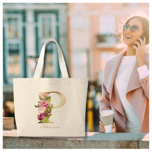 Bolsa Tote Grande Letra P Elegante Monograma Dourado Floral