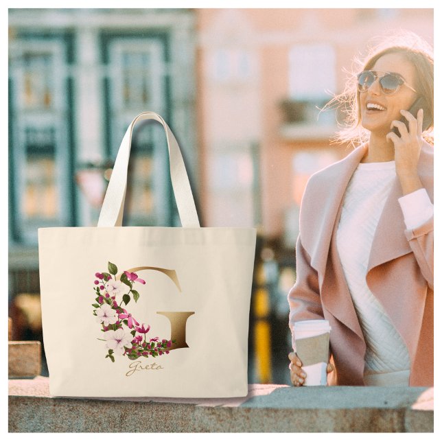 Bolsa Tote Grande Letra Personalizada G Monograma Floral Dourado Ele (Criador carregado)