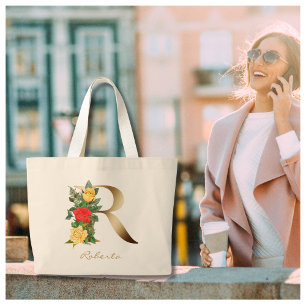 Bolsa Tote Grande Letra R Elegante Monograma Dourado Floral