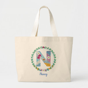 Bolsa Tote Grande Letras Flores Iniciais "N" com Nome Personalizado 