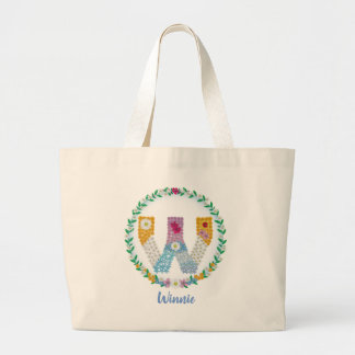 Bolsa Tote Grande Letras Flores Iniciais "W" com Nome Personalizado