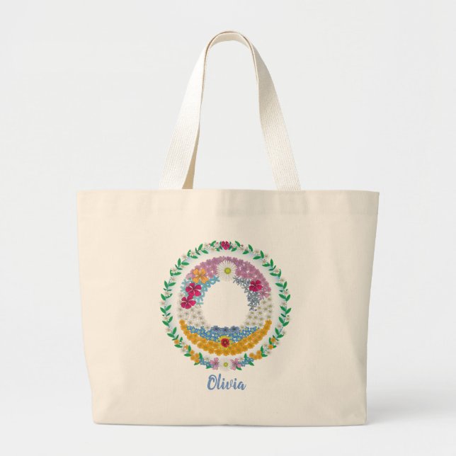 Bolsa Tote Grande Letras Flores "O" Inicial com Nome Personalizado (Frente)