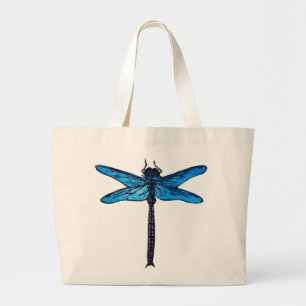 Bolsa Tote Grande Libélula japonesa do vintage, azul da safira