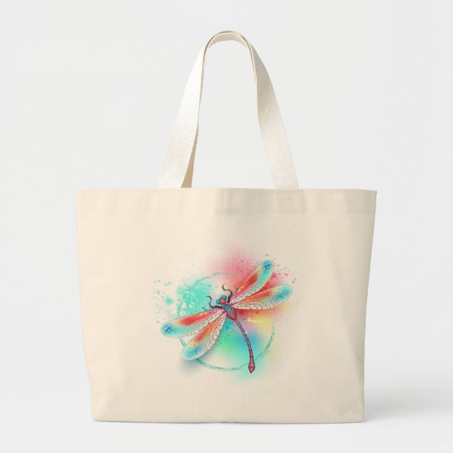 Bolsa Tote Grande libélula vermelha sobre fundo de aquarela (Frente)