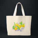 Bolsa Tote Grande Limões Meyer na toalha da cozinha<br><div class="desc">Uma imagem aquosa alegre e brilhante dos limões Meyer em uma toalha de cozinha listrada azul e branca. Um companheiro encantador para as suas tarefas!</div>