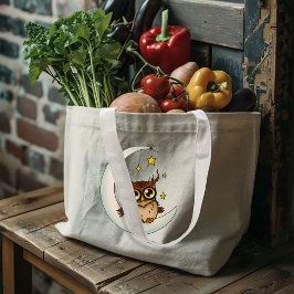 Bolsa Tote Grande Linda Coruja Marrom Crescente Estrelas Azuis