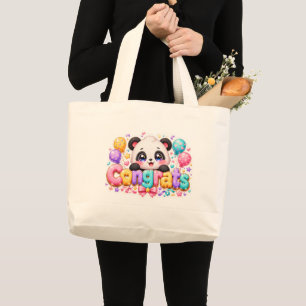 Bolsa Tote Grande Lindo Panda Kawaii Parabéns Nome Pastel Rosa Gradu