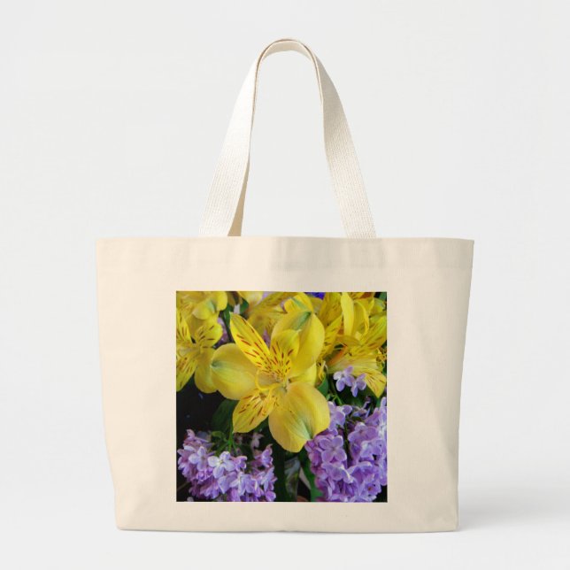 Bolsa Tote Grande Lírios Amarelos e Flores Lilases Roxos (Frente)