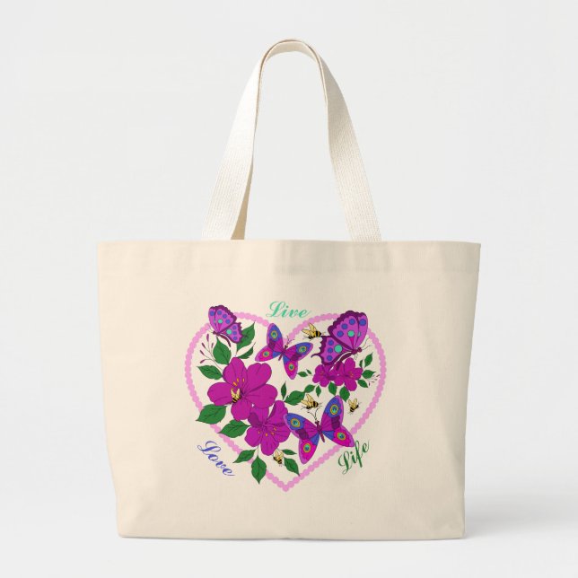 Bolsa Tote Grande Live Love Life Hearts Butterflies & Bees Inspire (Frente)