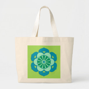 Bolsa Tote Grande Lotus Flower Mandala, Verde limão e Azul Claro