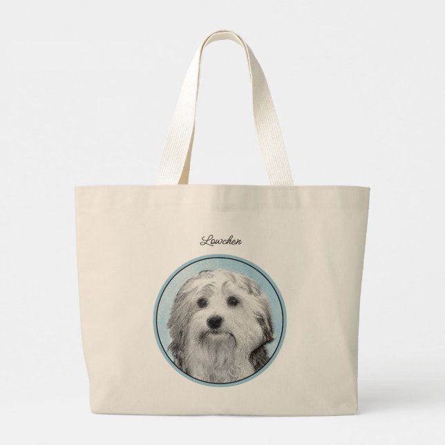 Bolsa Tote Grande Lowchen Painting Silver and Cream Original Dog Art (Verso)