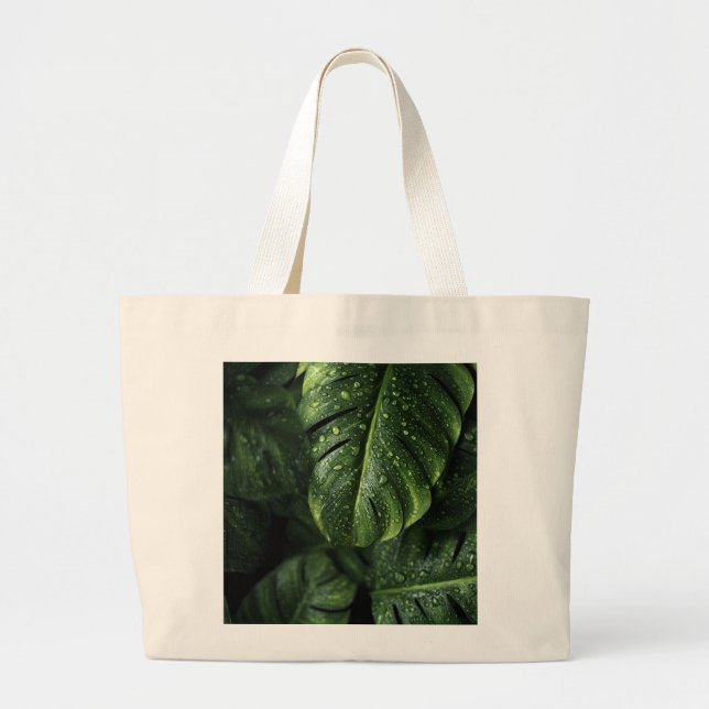 Bolsa Tote Grande Lush Monstera Leaves with Morning Dew Drops (Frente)